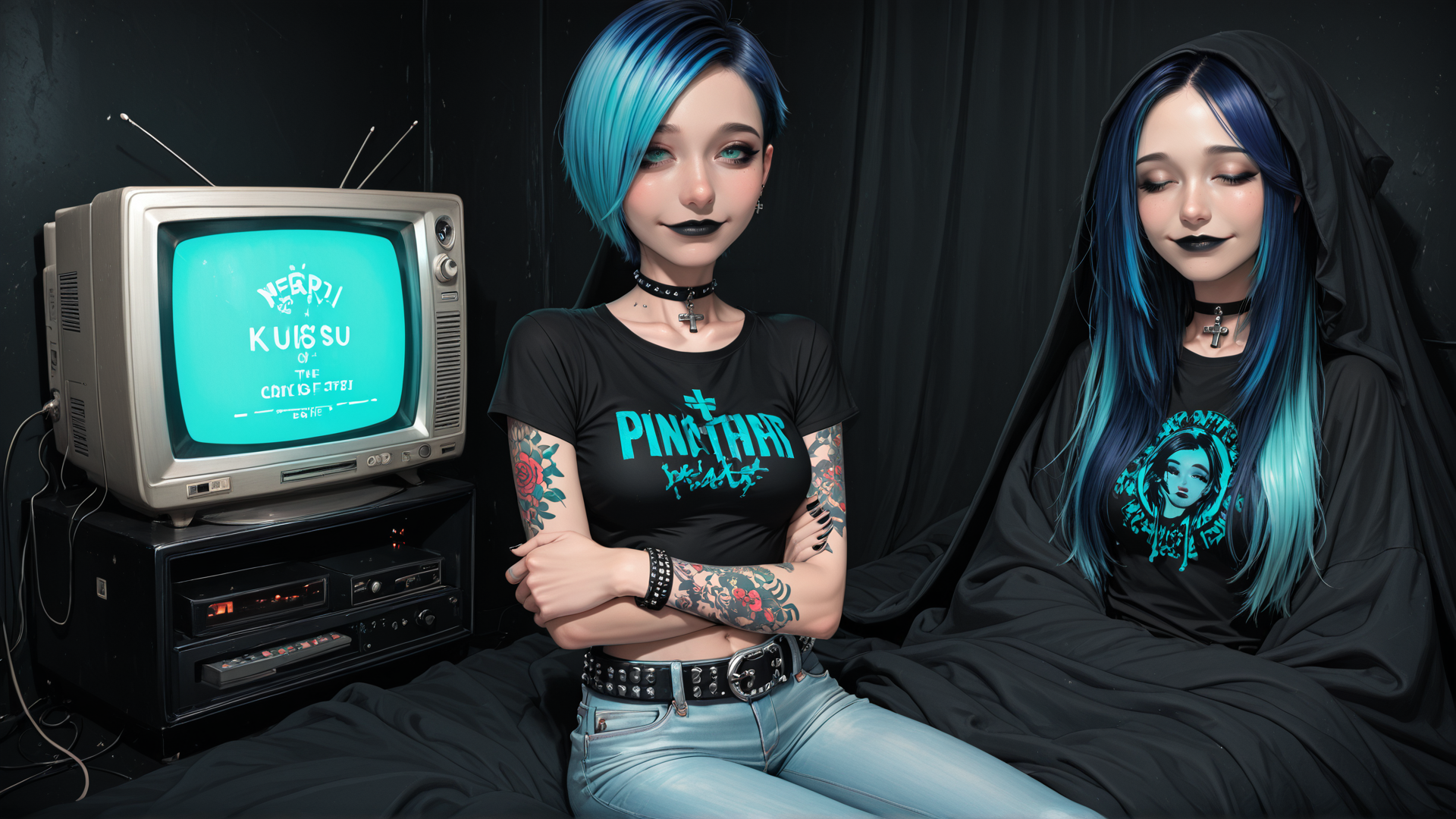 AI generated wallpaper featuring woman, tattoo, hoodie, tV, choker, jeans, hair