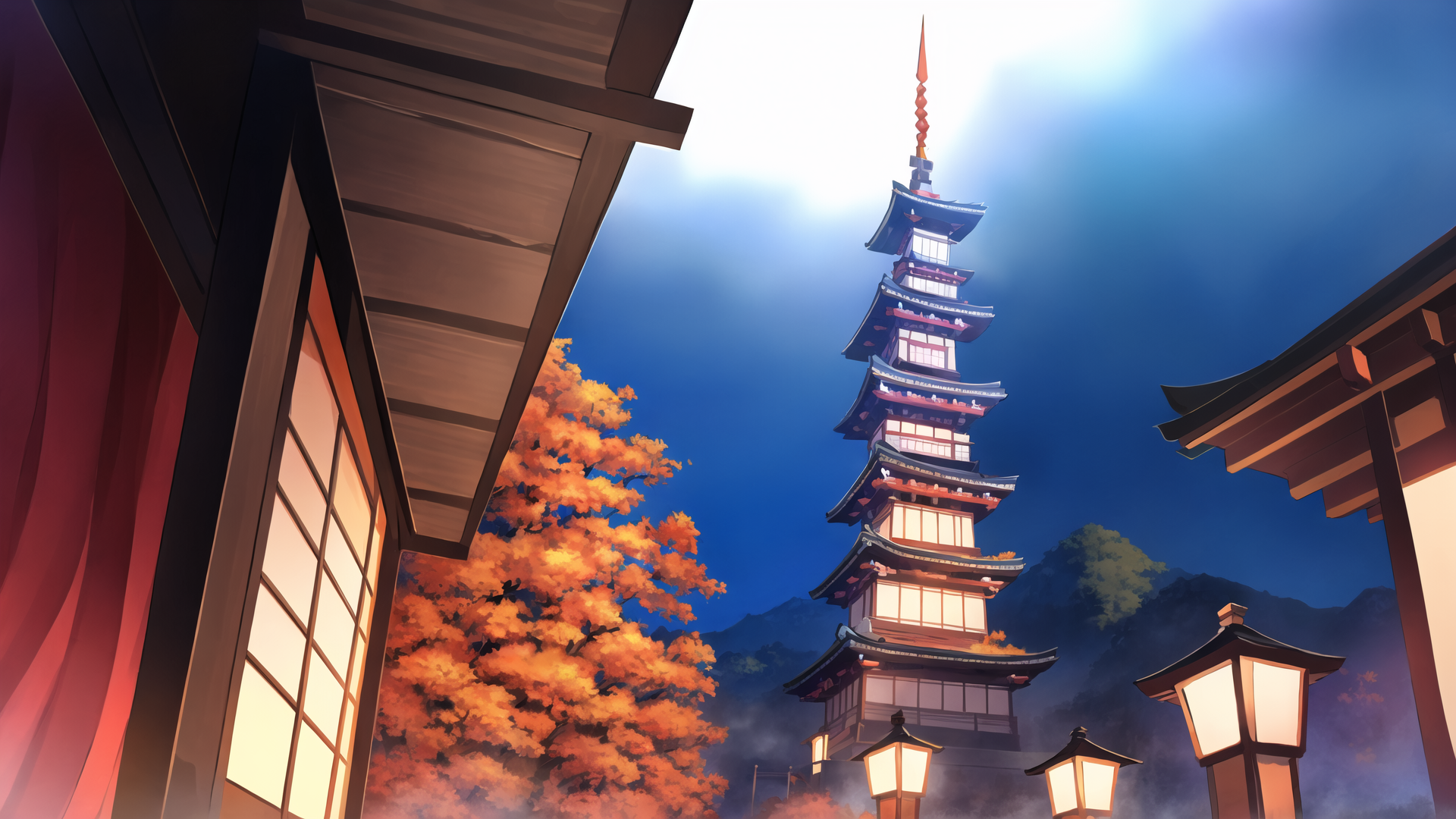 AI generated wallpaper featuring pagoda, temple, tree, lantern, mountain