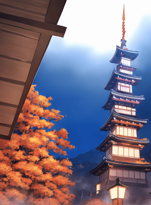 pagoda, temple, tree, lantern, mountain