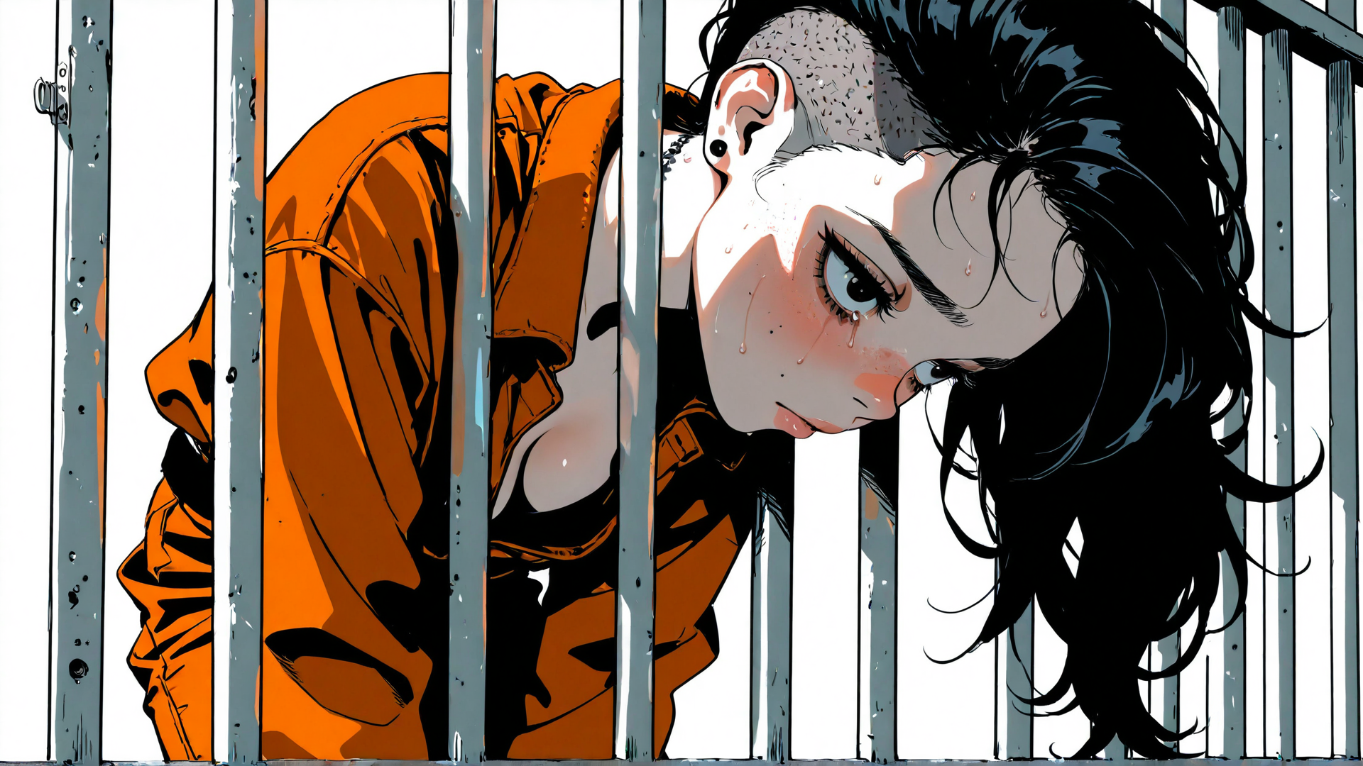 AI generated wallpaper featuring prisoner, woman, prison bars, orange jumpsuit, tears