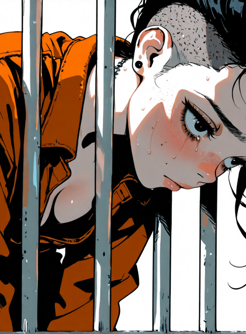 prisoner, woman, prison bars, orange jumpsuit, tears