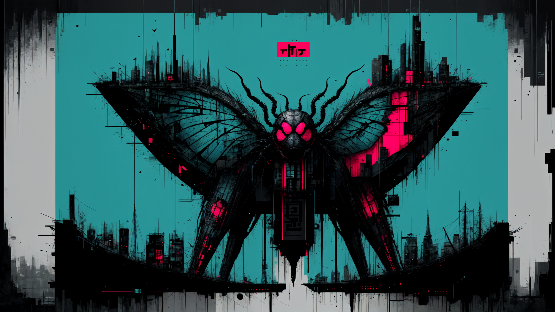 AI generated wallpaper featuring insect, city, moth, mechanical, buildings