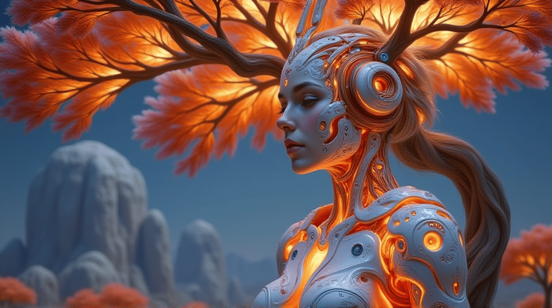 AI generated wallpaper featuring cyborg, tree, woman, robot, nature, artificial, digital, humanoid, futuristic, surreal