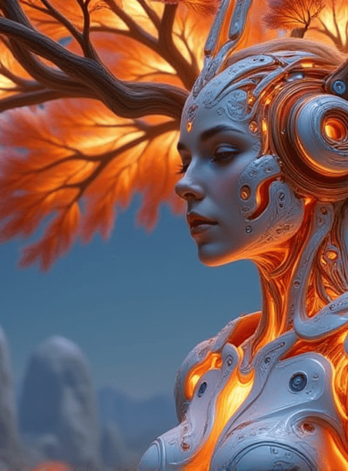 cyborg, tree, woman, robot, nature, artificial, digital, humanoid, futuristic, surreal
