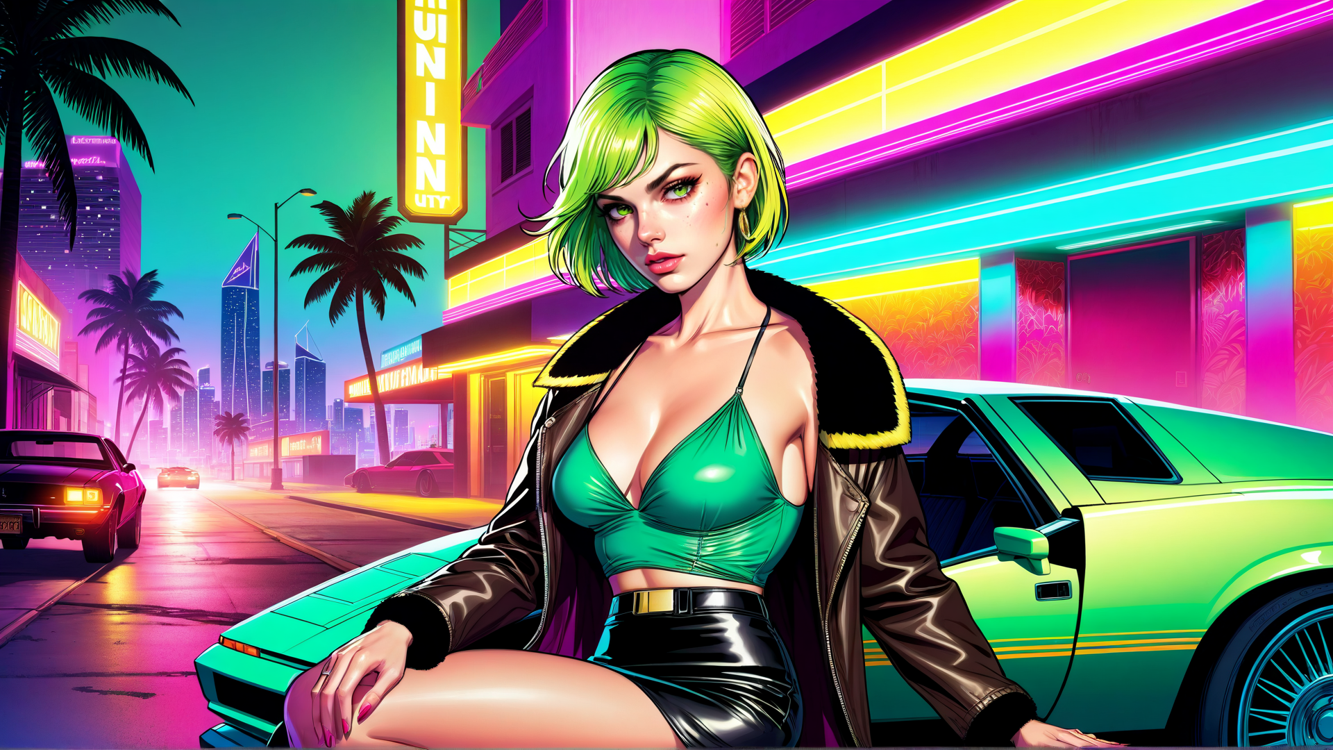 AI generated wallpaper featuring woman, car, city