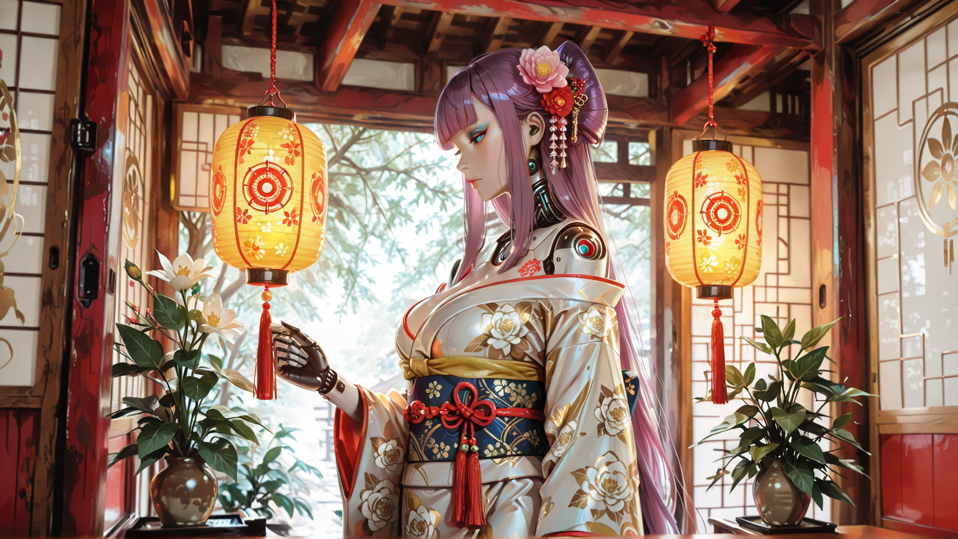 AI generated wallpaper featuring robot, lady, lantern, kimono, flower, chinese, vase, garden, window, tassel