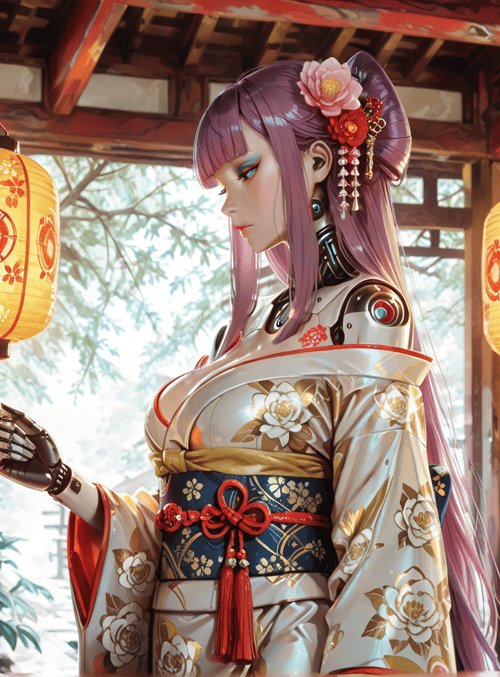 robot, lady, lantern, kimono, flower, chinese, vase, garden, window, tassel