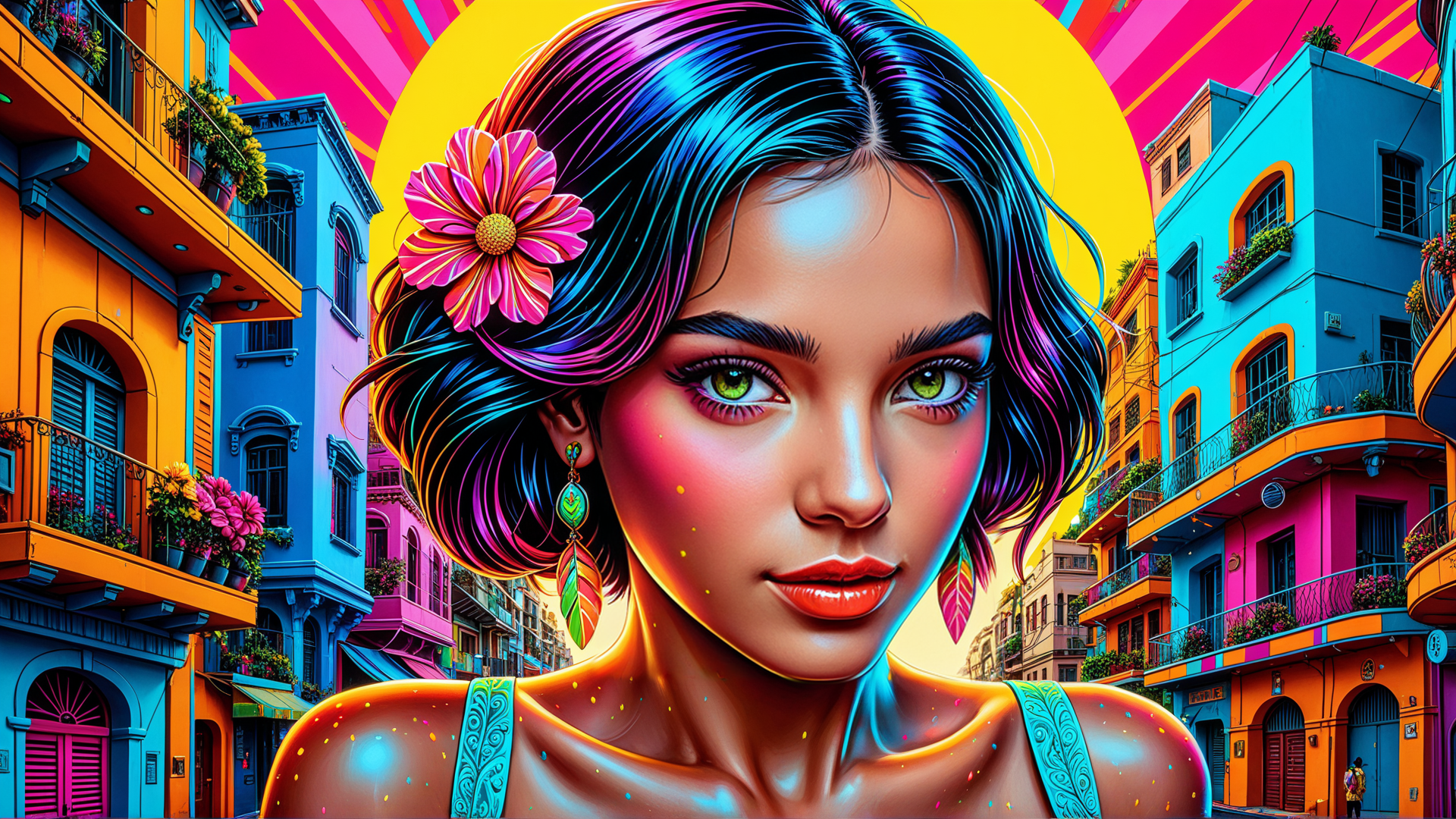 AI generated wallpaper featuring woman, flower, building, ballet, earring
