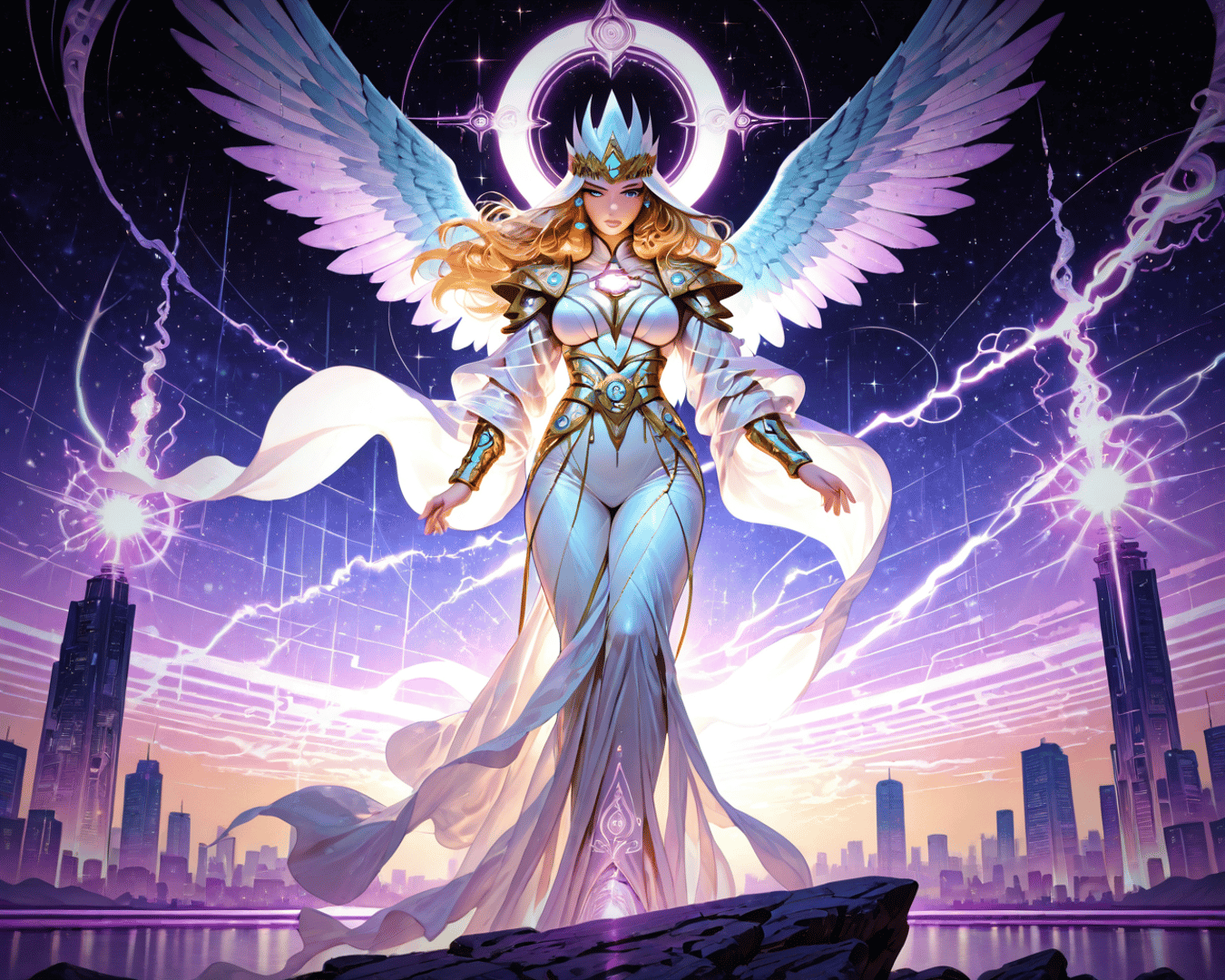 AI generated wallpaper featuring angel, queen, city