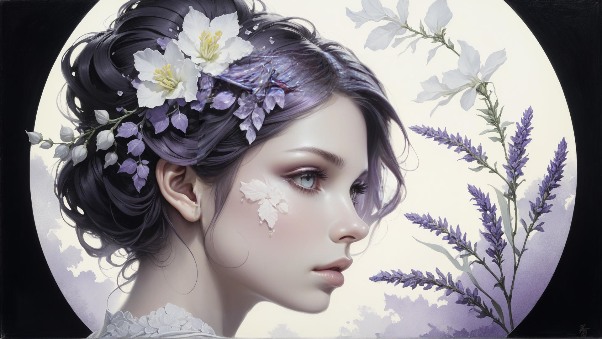 AI generated wallpaper featuring woman, flowers, lilacs