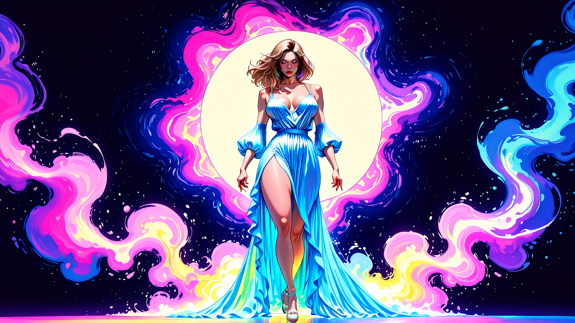 AI generated wallpaper featuring woman, dress, moon, clouds