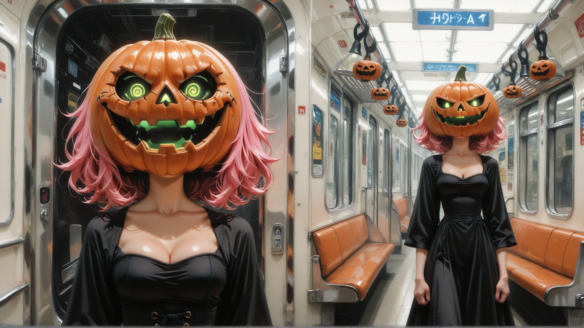 AI generated wallpaper featuring pumpkin head, woman, train, subway, jack-o'-lantern
