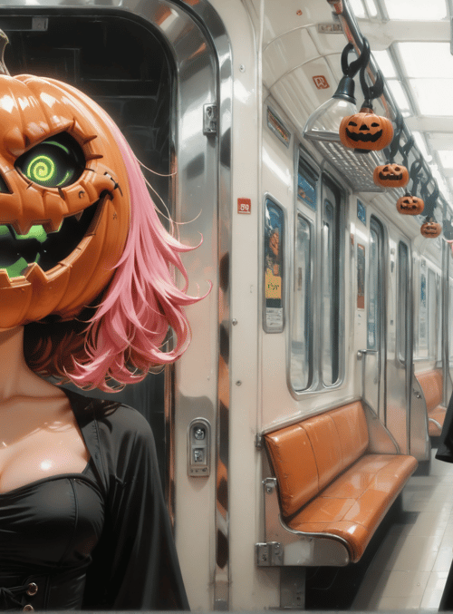 pumpkin head, woman, train, subway, jack-o'-lantern