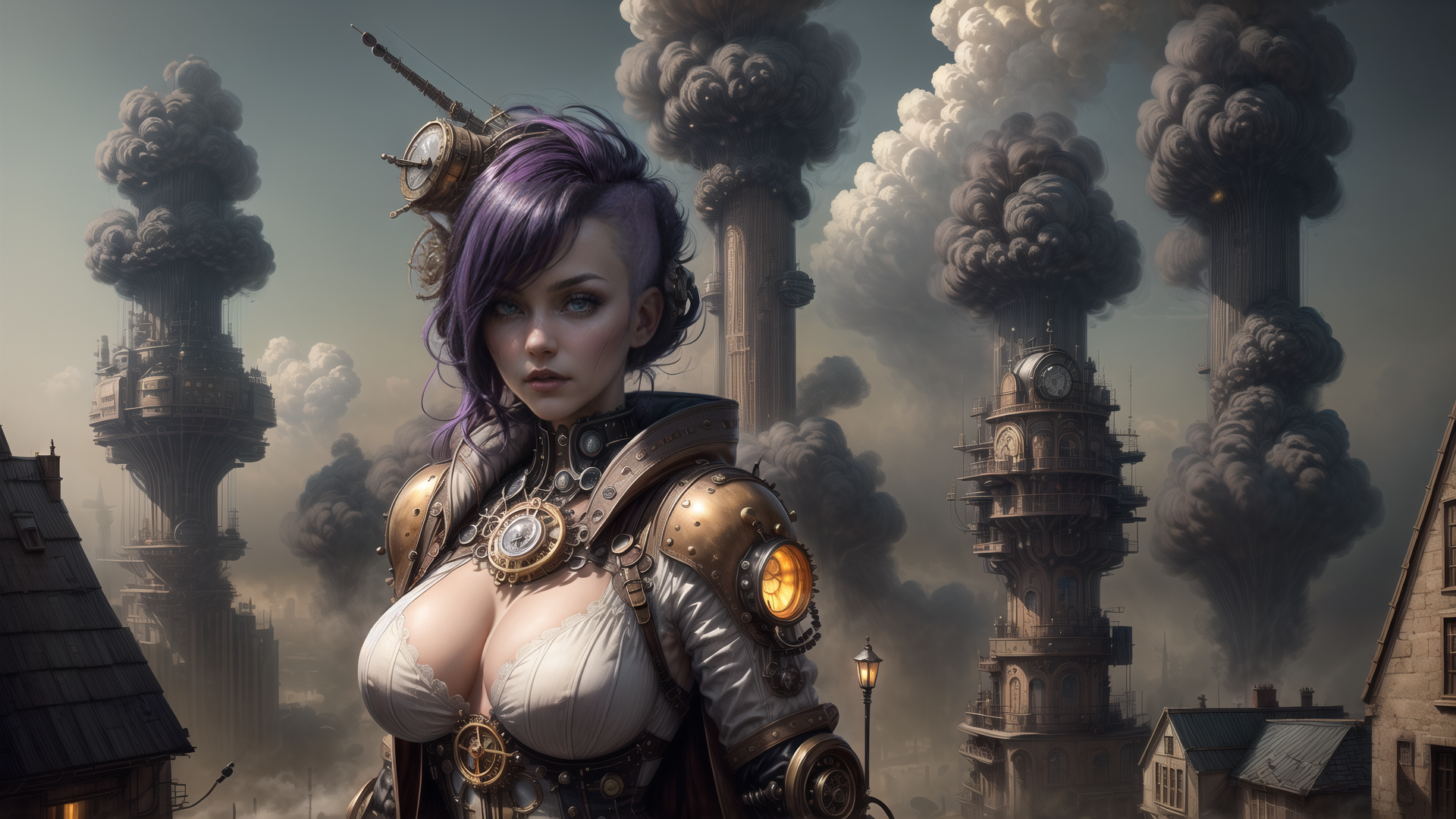 AI generated wallpaper featuring woman, steampunk, city