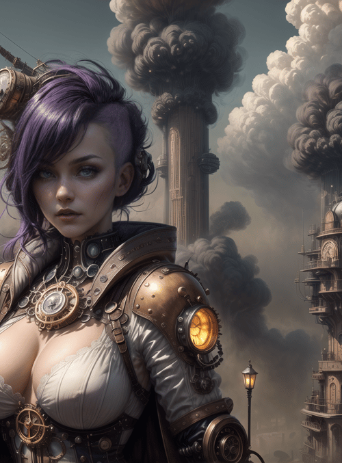 woman, steampunk, city