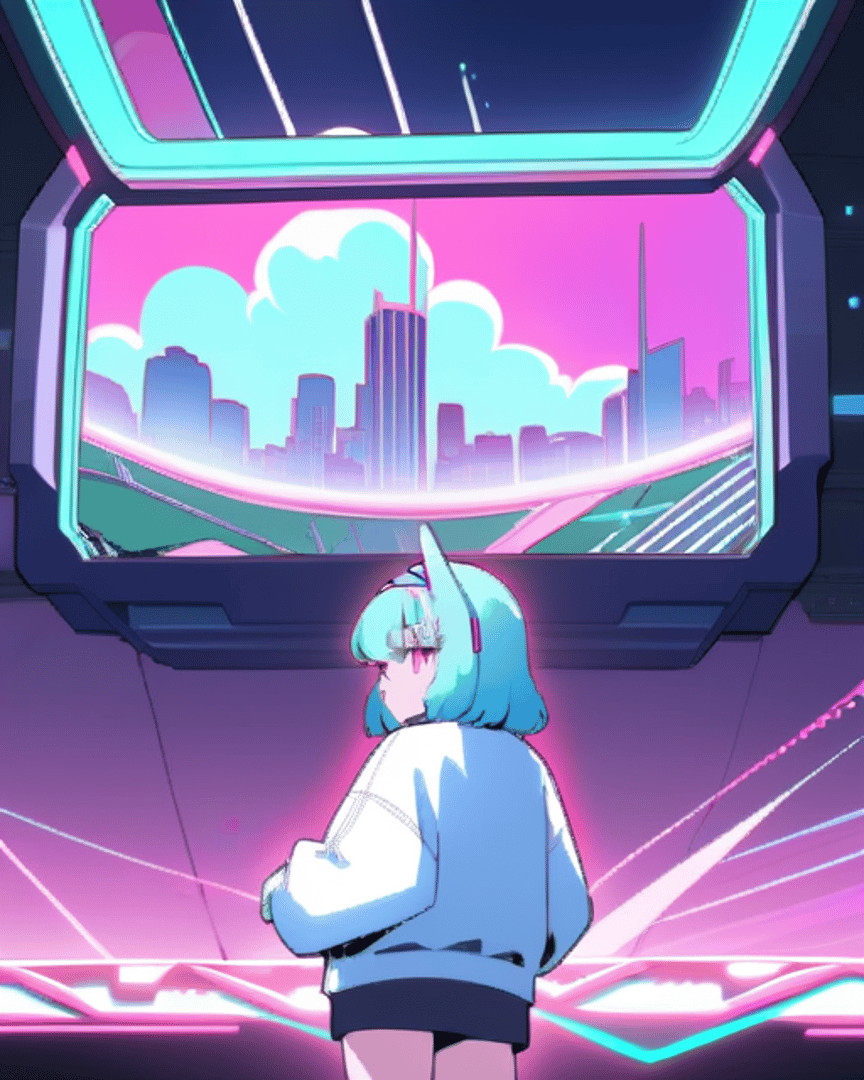 AI generated wallpaper featuring girl, screen, city