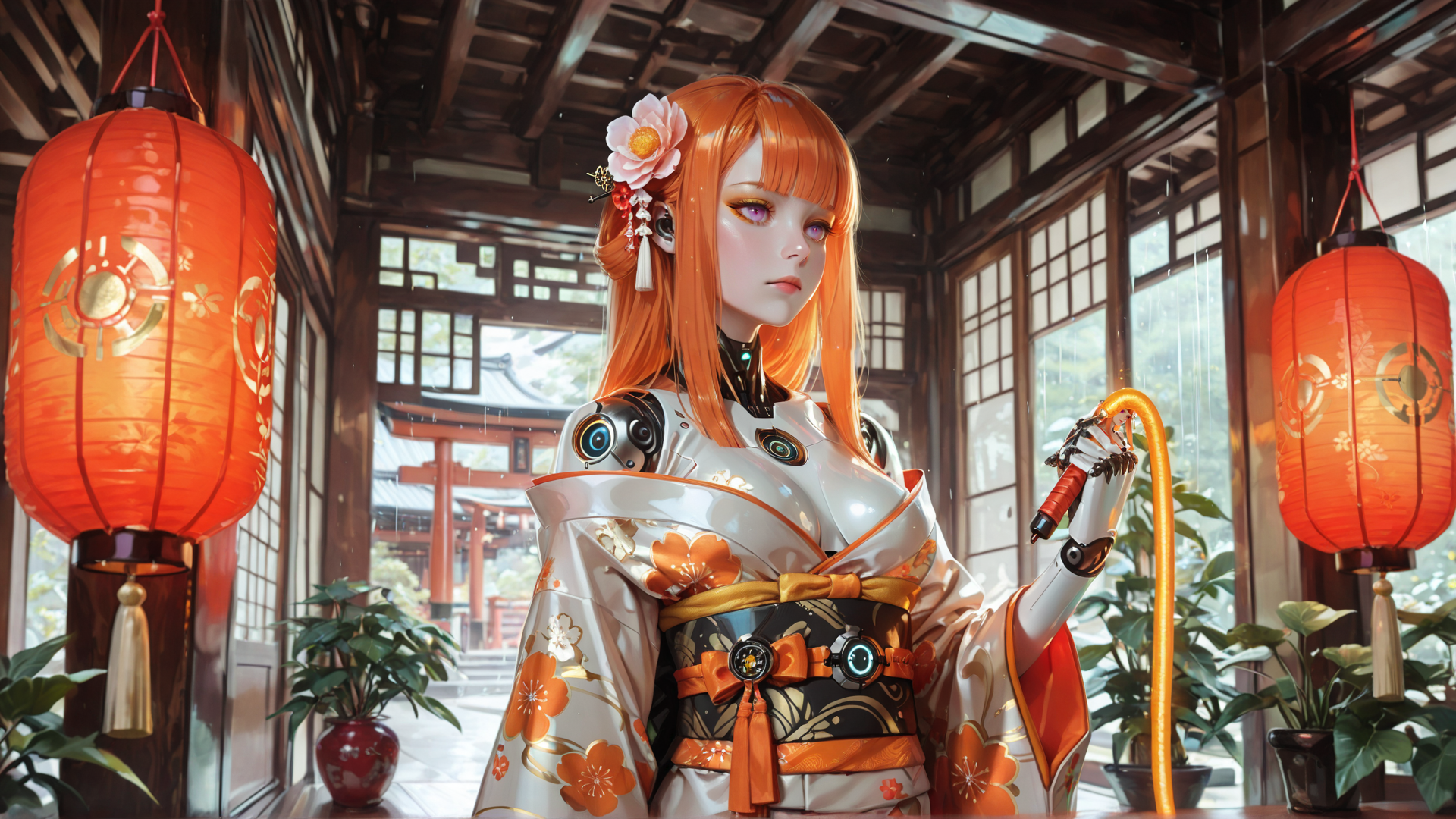 AI generated wallpaper featuring robot, anime girl, kimono, lantern, flower, garden, robot arm, traditional building, sakura, hose