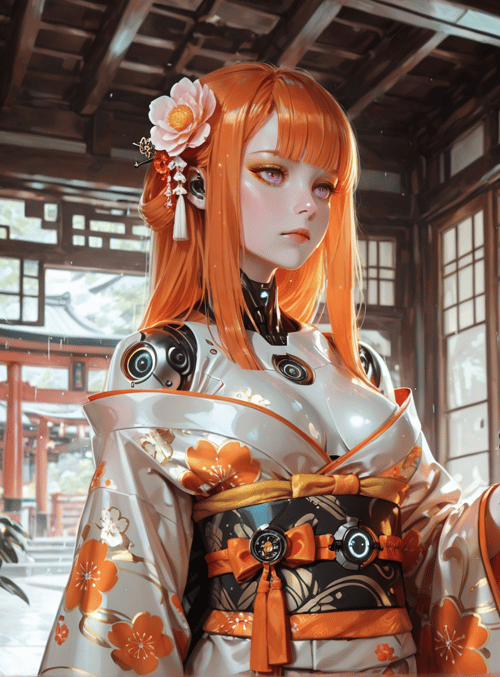 robot, anime girl, kimono, lantern, flower, garden, robot arm, traditional building, sakura, hose