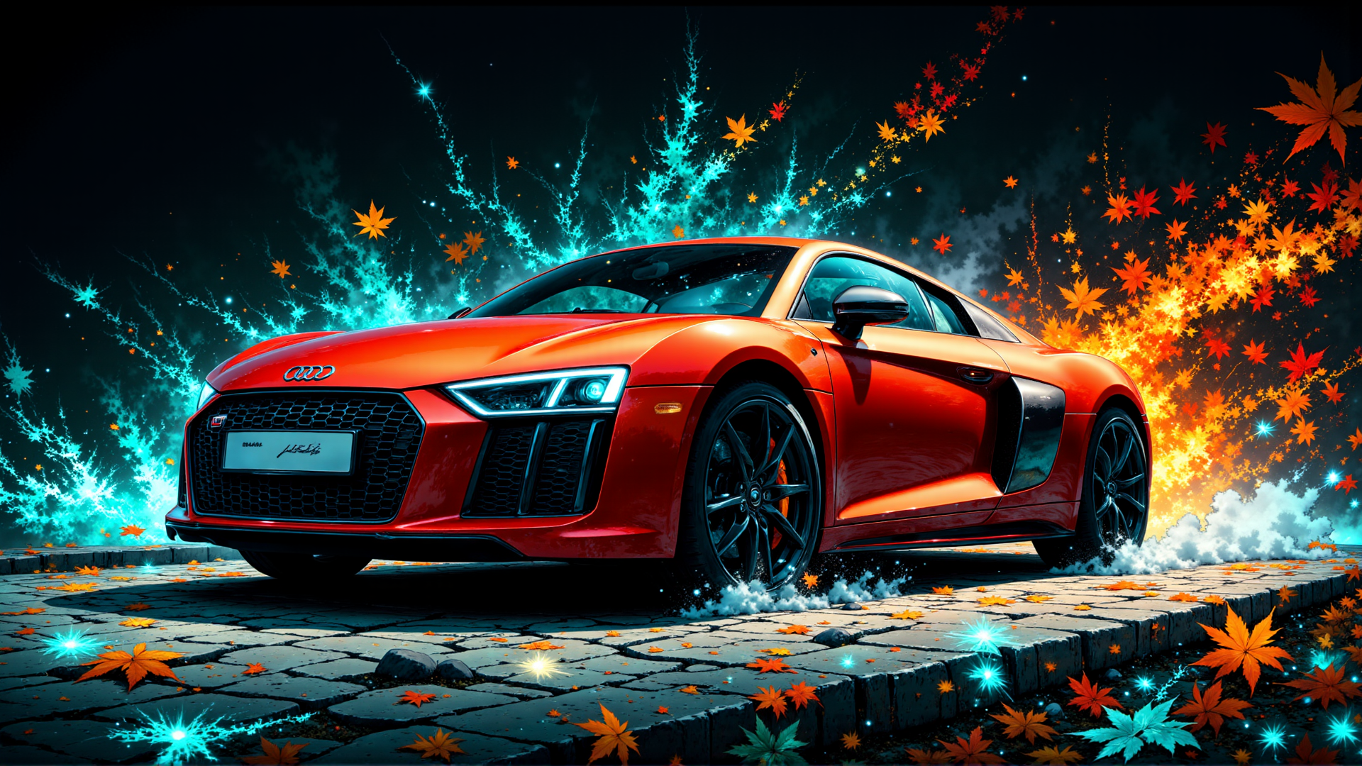 AI generated wallpaper featuring car, maple leaves, sparkles, cobblestone, fireworks