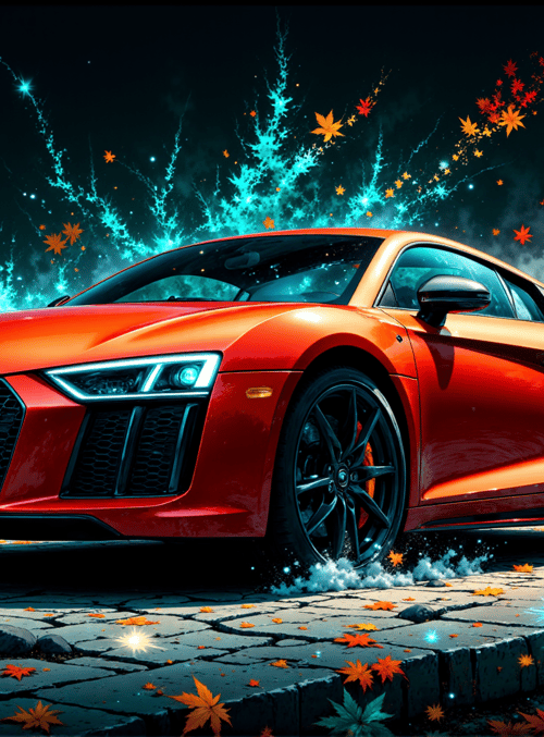 car, maple leaves, sparkles, cobblestone, fireworks
