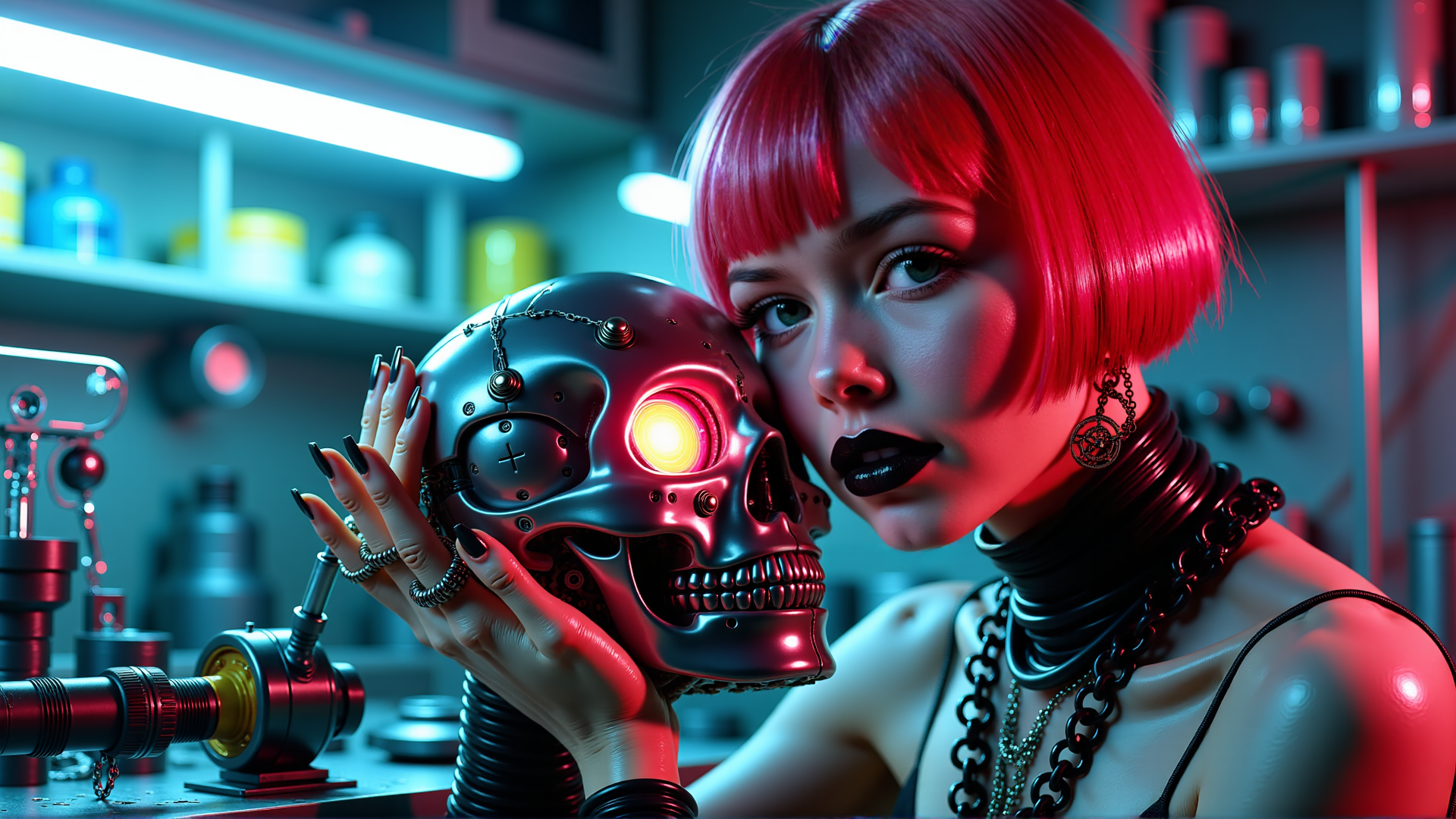 AI generated wallpaper featuring cyberpunk, robot, skull