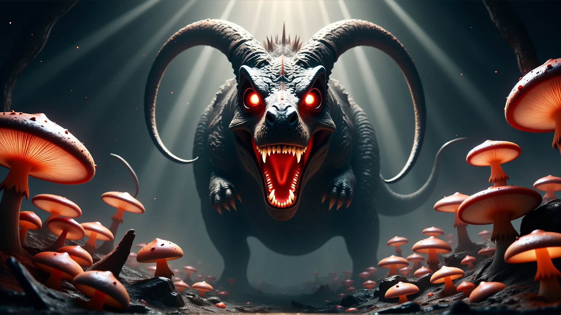 AI generated wallpaper featuring dinosaur, mushrooms, antlers, giant, creature, fungal, gore, monstrosity, beast, gloomy