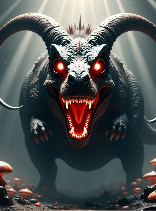 dinosaur, mushrooms, antlers, giant, creature, fungal, gore, monstrosity, beast, gloomy