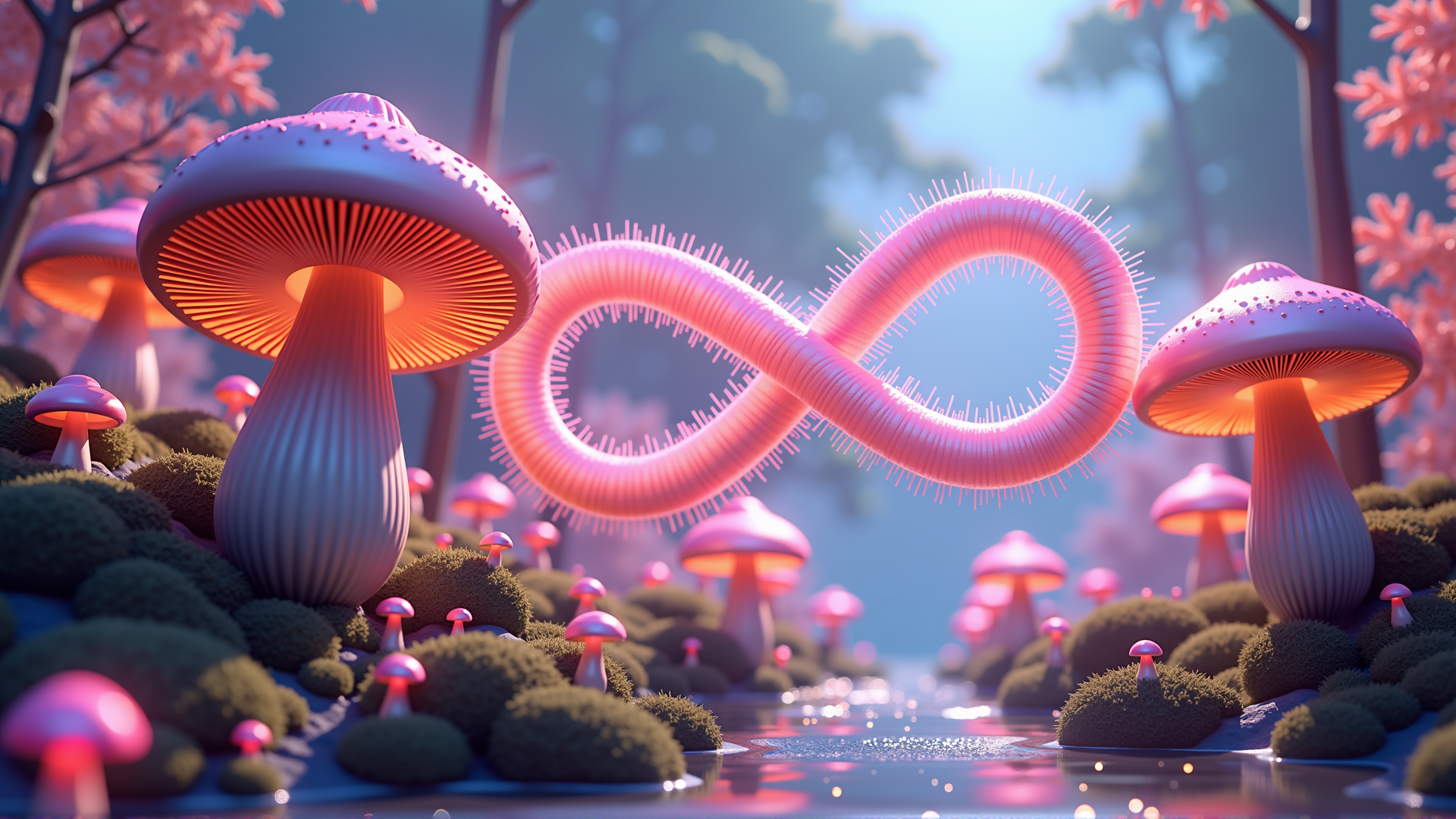 AI generated wallpaper featuring mushroom, infinity symbol, forest