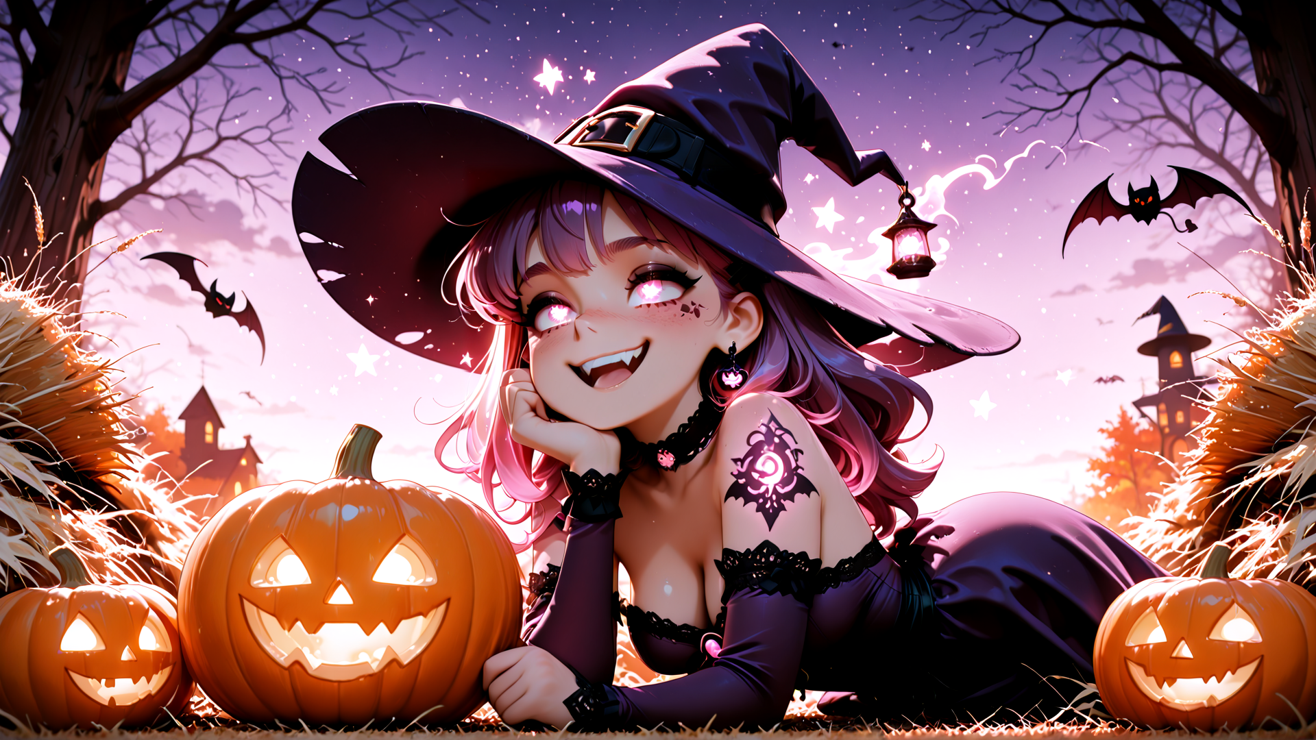 AI generated wallpaper featuring witch, pumpkin, bat, lantern, halloween, tree, castle, star, grass, cottage