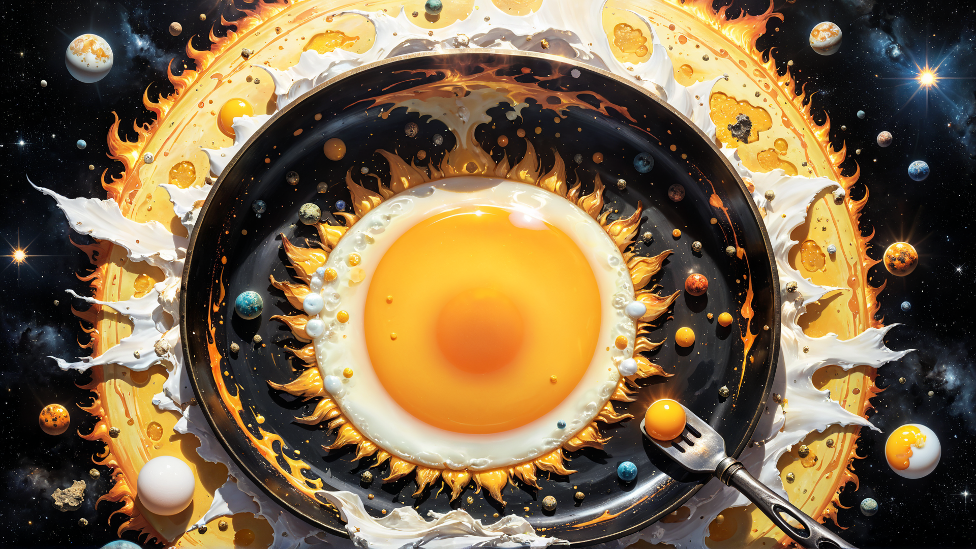 AI generated wallpaper featuring egg, pan, planets