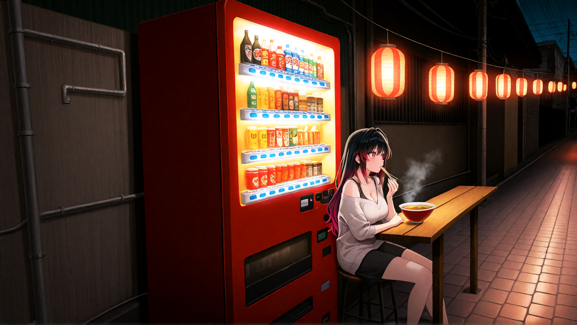 AI generated wallpaper featuring girl, vending machine, lantern, street, bowl, chopsticks, building, table, night, streetlamp