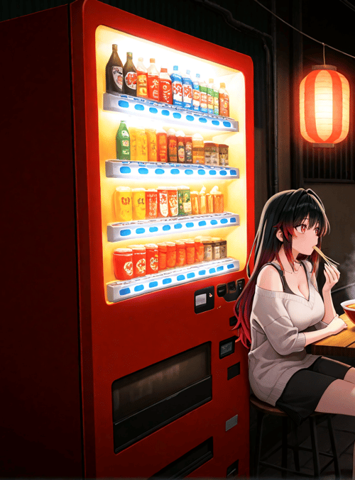 girl, vending machine, lantern, street, bowl, chopsticks, building, table, night, streetlamp