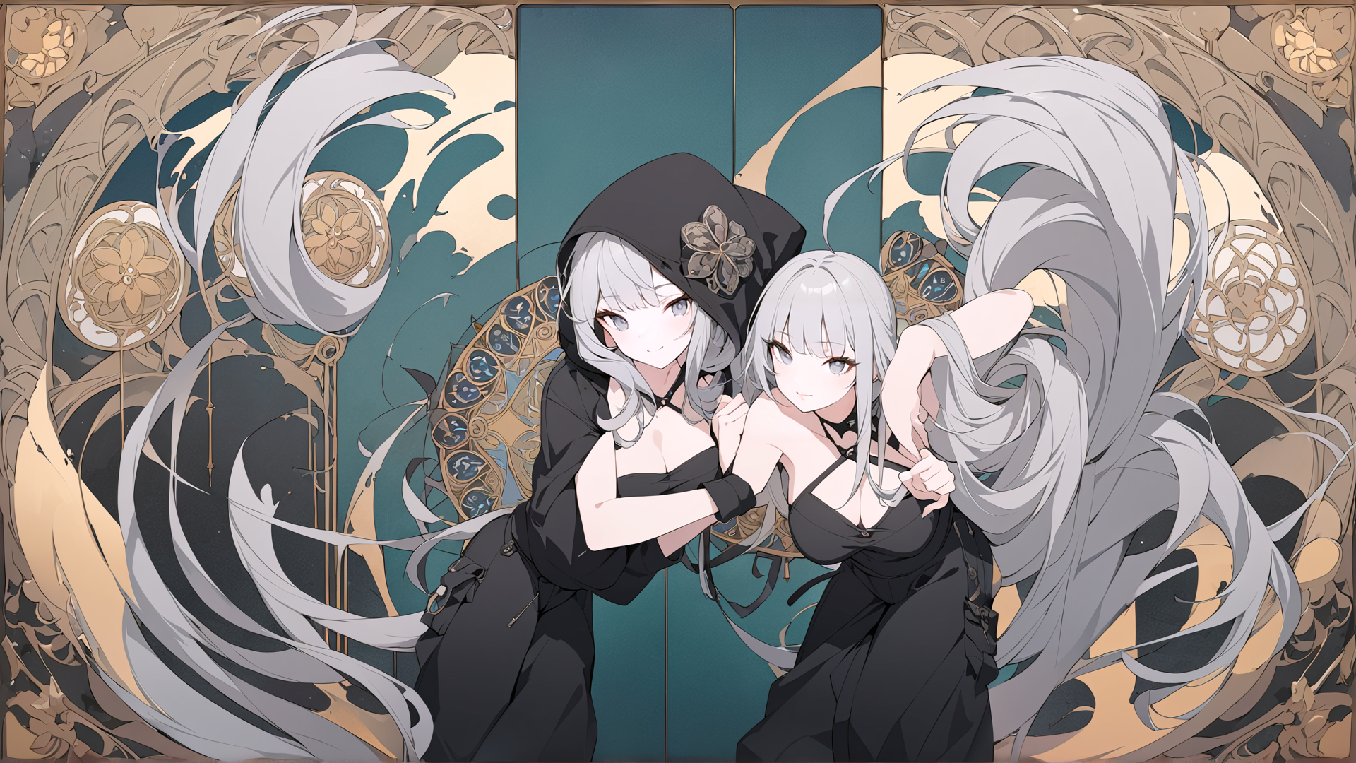 AI generated wallpaper featuring girls, anime, silver hair, hood, black dress, long hair, fashion, figure, art, characters
