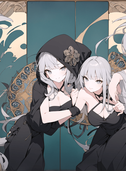 girls, anime, silver hair, hood, black dress, long hair, fashion, figure, art, characters