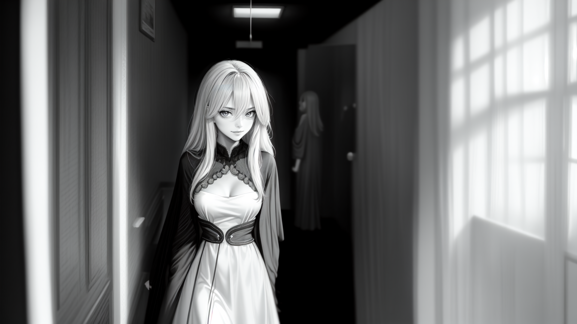 AI generated wallpaper featuring woman, dress, hallway