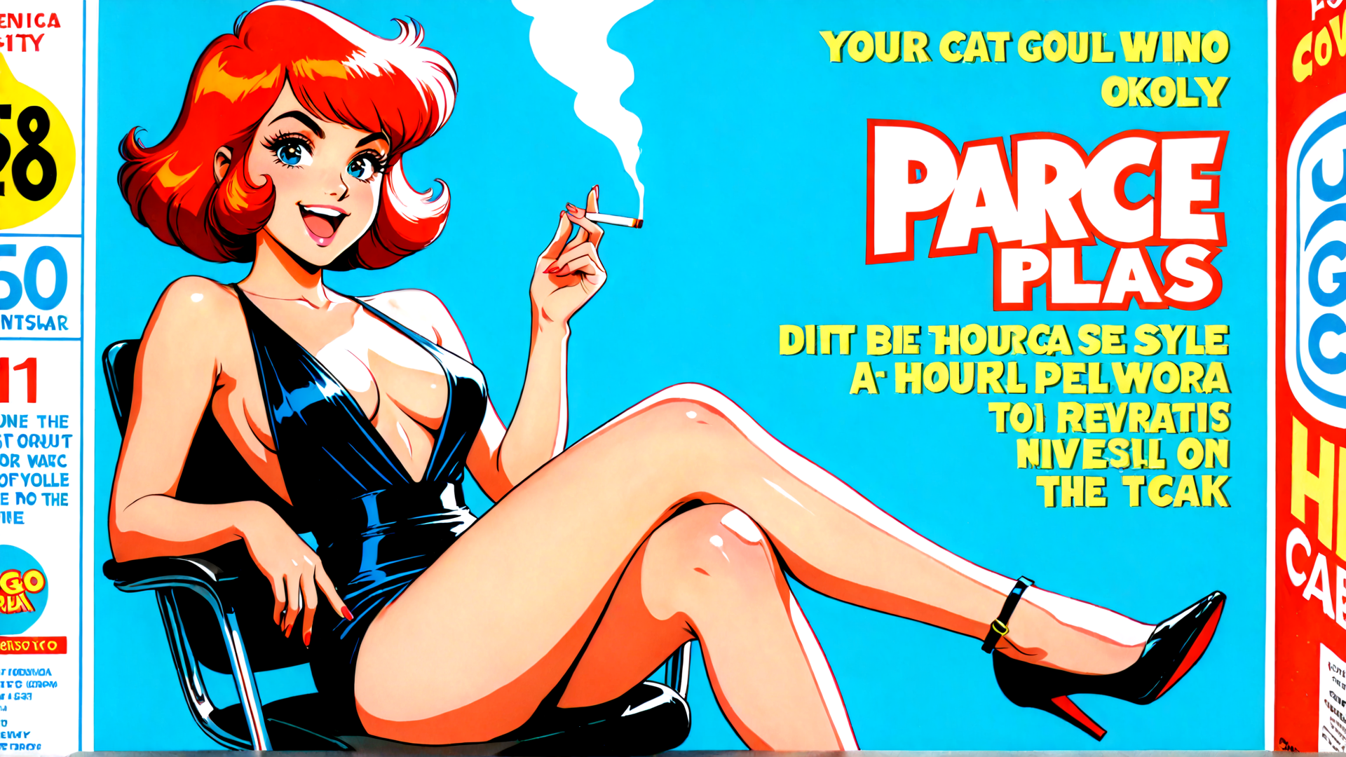 AI generated wallpaper featuring woman, cigarette, dress, chair, high heels, advertisement, text, poster, vintage, red hair