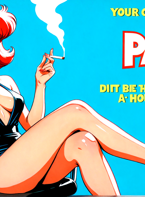 woman, cigarette, dress, chair, high heels, advertisement, text, poster, vintage, red hair