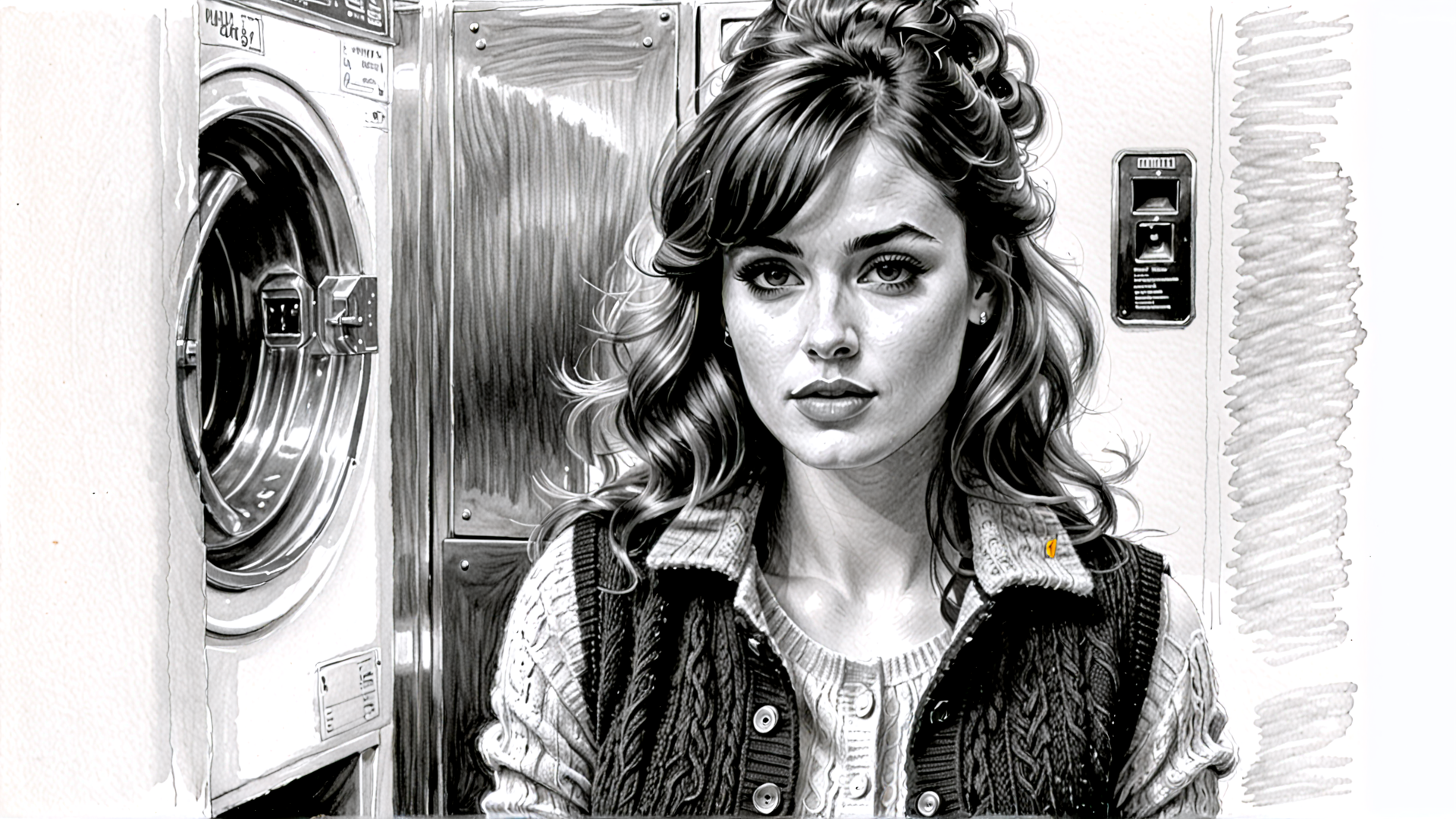 AI generated wallpaper featuring woman, laundry, washing machine, knitwear
