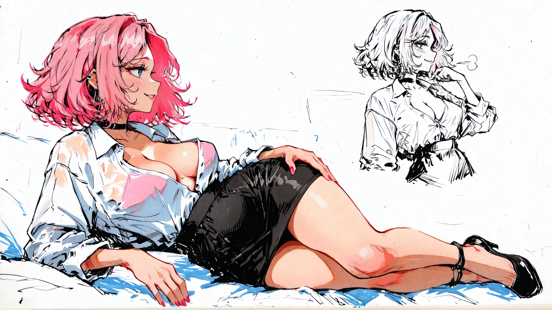 AI generated wallpaper featuring woman, pink hair, black skirt, white shirt, choker
