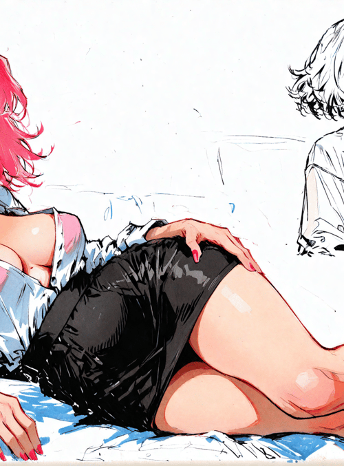 woman, pink hair, black skirt, white shirt, choker