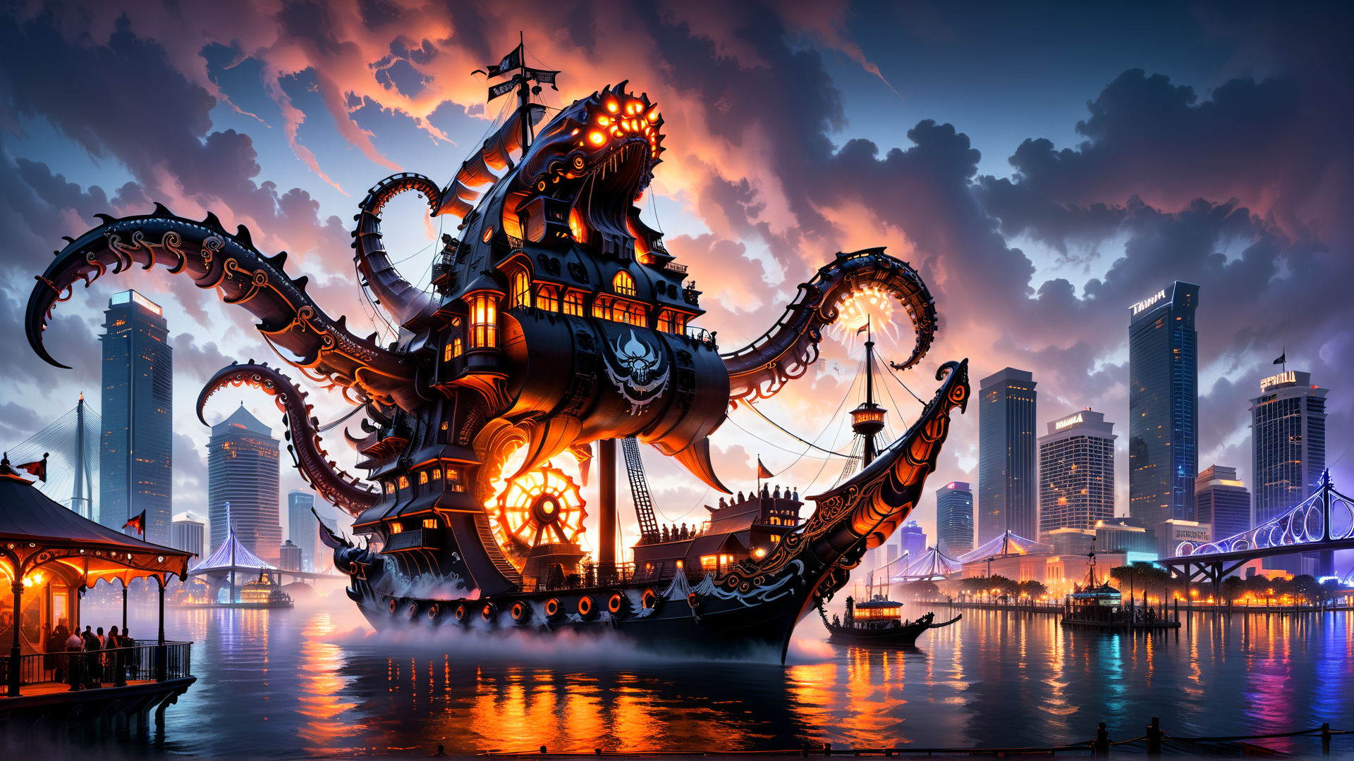 AI generated wallpaper featuring steampunk, ship, cityscape, octopus, sail, wheel, buildings, water, clouds, skyline