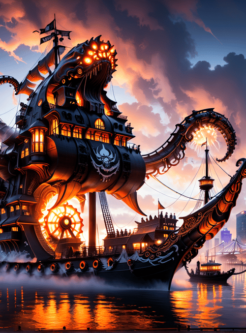 steampunk, ship, cityscape, octopus, sail, wheel, buildings, water, clouds, skyline