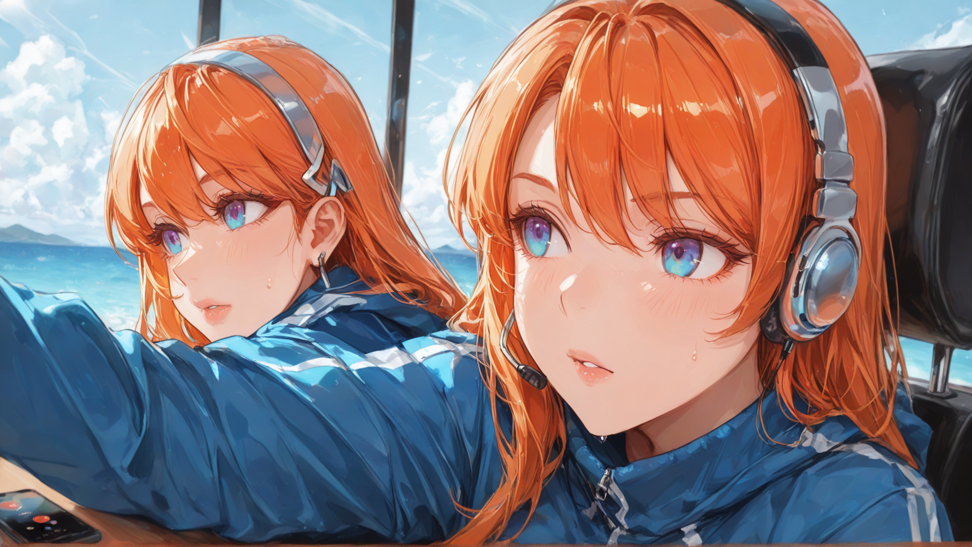 AI generated wallpaper featuring girl, headphones, ocean, sky, window, clothing, hair, ear, face, hand