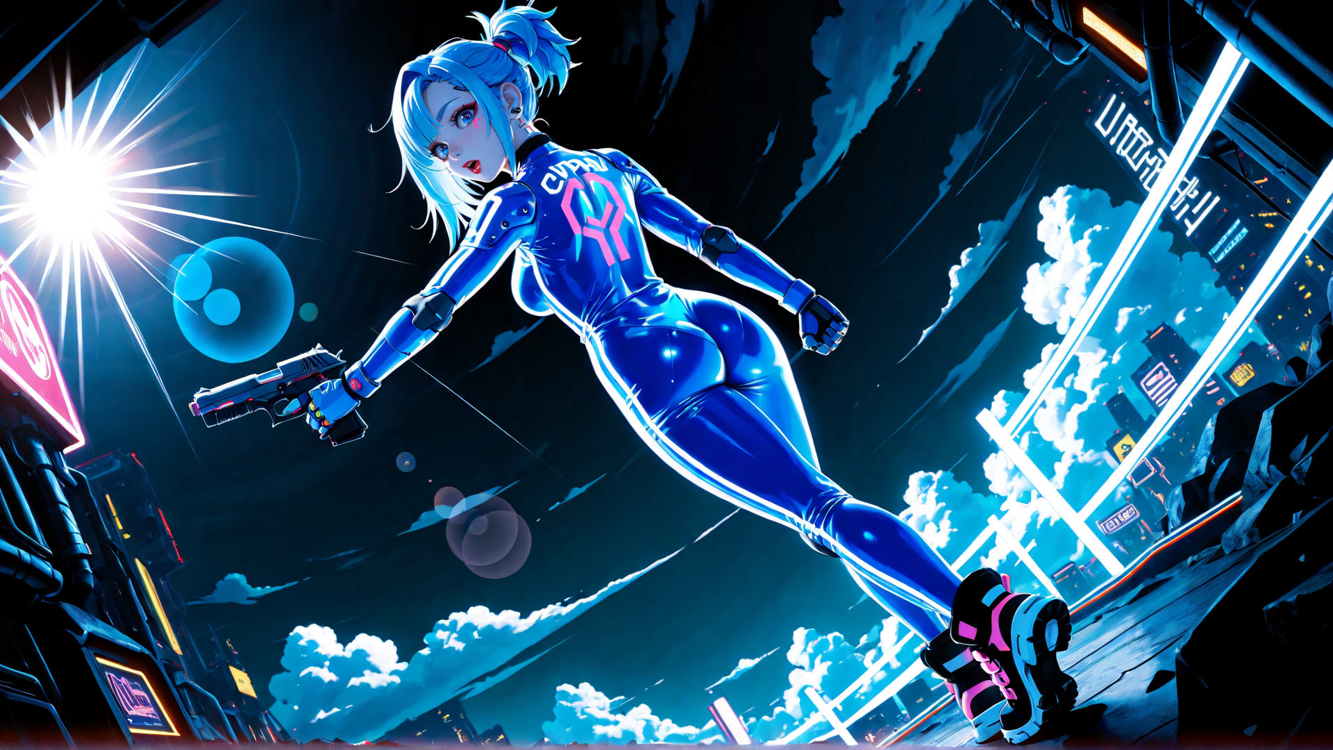 AI generated wallpaper featuring cyberpunk, female, character, gun, cityscape, neon, fashion, outfit, gloves, shoes