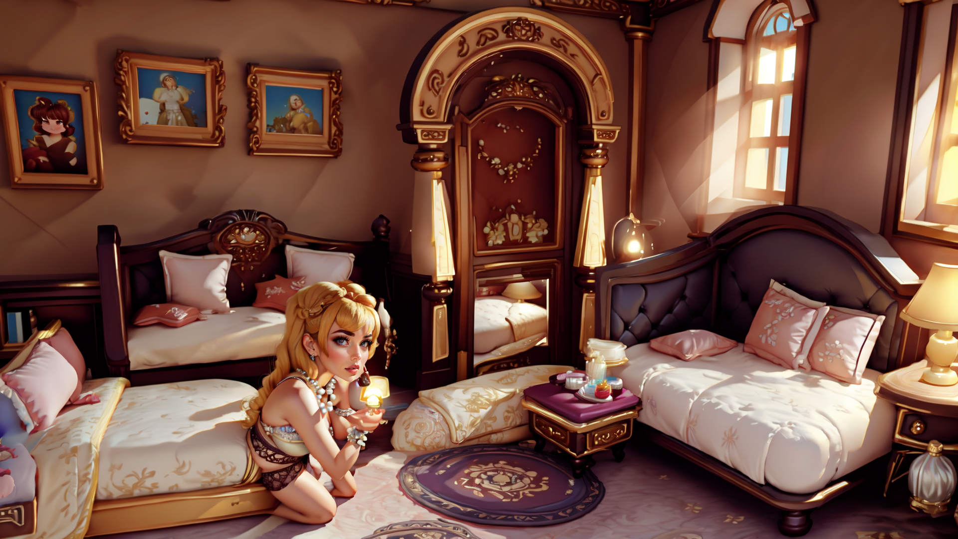 AI generated wallpaper featuring woman, bedroom, chandelier, beds, paintings