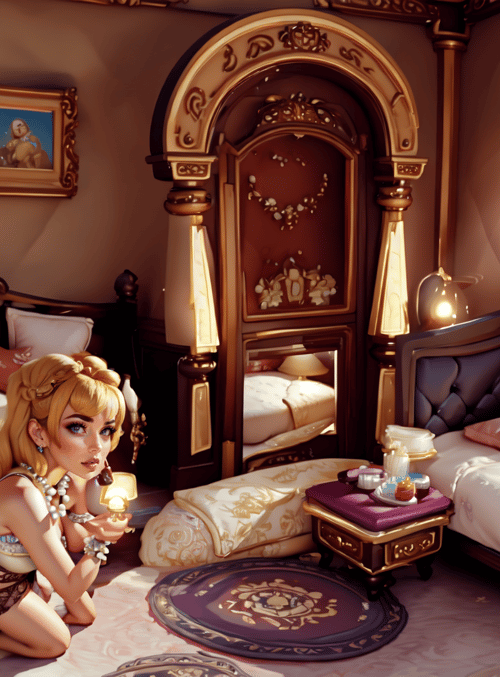 woman, bedroom, chandelier, beds, paintings