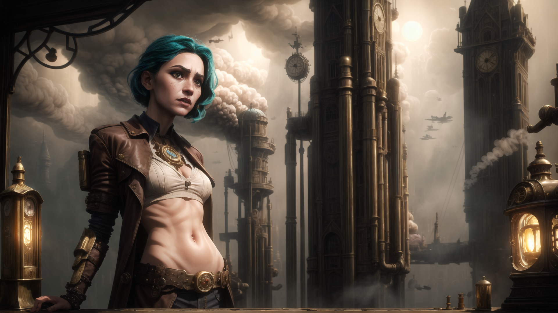 AI generated wallpaper featuring woman, steampunk, city