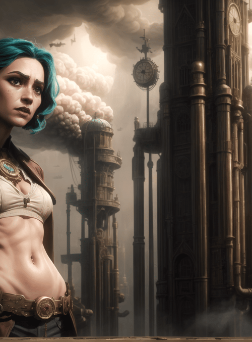 woman, steampunk, city
