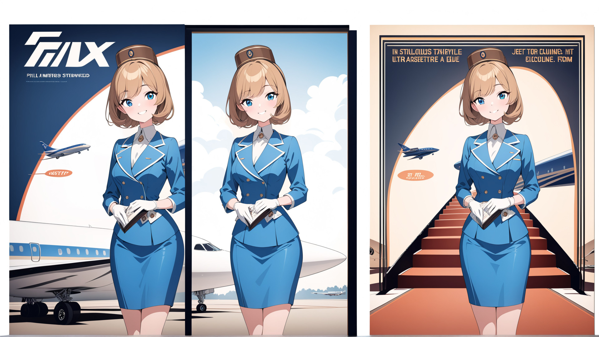 AI generated wallpaper featuring flight attendant, airplane, uniform, gloves, hat, notebook