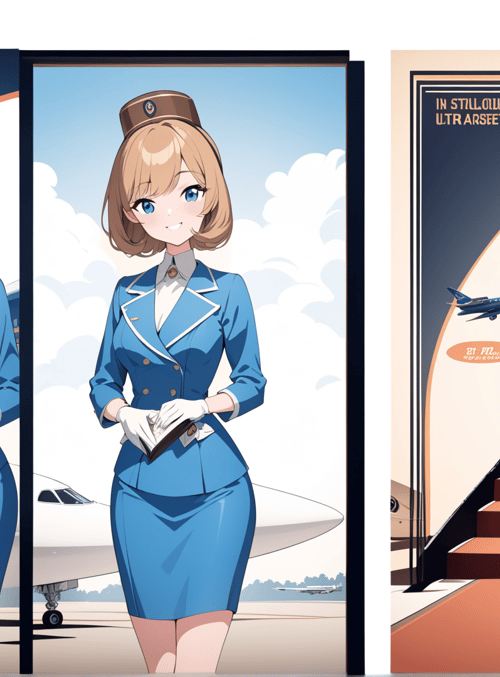 flight attendant, airplane, uniform, gloves, hat, notebook